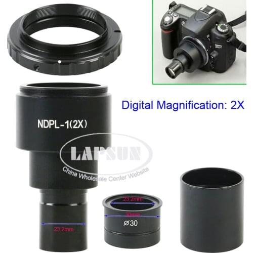 NDPL 2X / 9.6X SLR Biological Microscope Eyepiece Lens Adapter 23.2mm 30mm T2 Mount for Canon Nikon EOS Camera