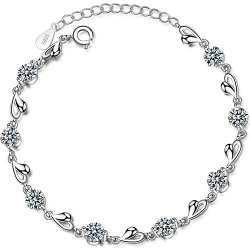 PANGJERY 925 Sterling Silver Sparkling Zircon Bracelets Adjustable for Women Simple Sweet LOVE Heart Anniversary Jewelry Gifts