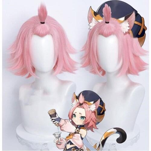 Genshin Impact Diona Cosplay 32cm Short Christmas Pink Wig Cosplay Anime Cosplay Wigs Heat Resistant Synthetic Wigs Halloween