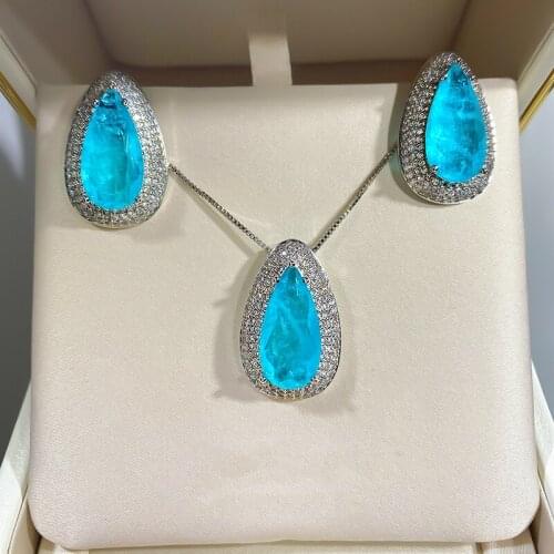 Luxury Womens Jewelry Sets Paraiba Square Cut 10*20MM Stud Necklace Anniversary Fashion