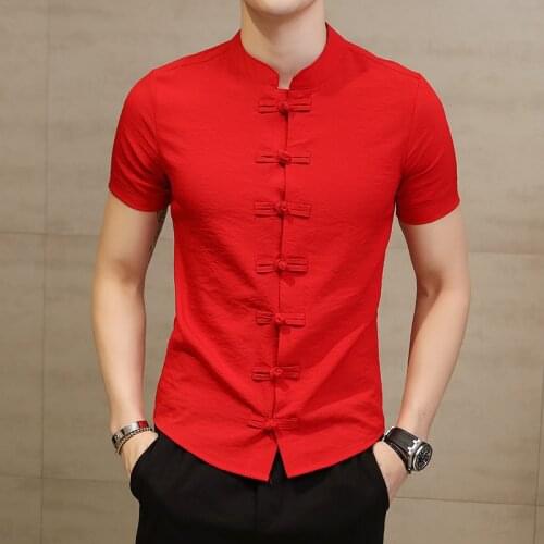 Collar Shirt Chinese For Men Slim Fit Frog Button Shirt Camicia Uomo Korean Fashion Short Sleeve Summer Stylish Shirt Red Black