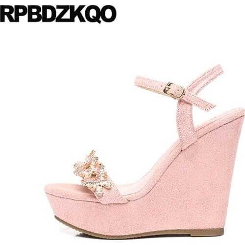 Crystal Diamond Platform Wedge Sandals Summer Pink Rhinestone Slingback Elegant Luxury Women Shoes High Heels Bridal Jewel Pumps
