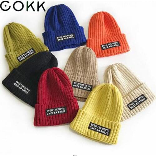 COKK Hat Beanie Autumn Winter Women Men Unisex Cold Hats Fashion Letter Label Warm Bonnet Girls Boys Kids Winter Cap Casual Knit