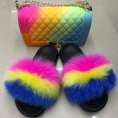 Furry Rainbow Fox Fur Slides Women Fluffy Slippers Purse Sets Sandals Warm Winter Female Sandals Bags Sets Plush Flip Flops