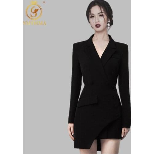SMTHMA 2021 New Fashion Spring Black Single-Breasted Korea 2 Piece Sets Women Notched Asymmetry Skirt Suit