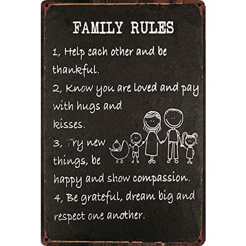 Family Rules Vintage Metal Tin Sign Man Cave for Men Women,Wall Decor for Bars,Restaurants,cafes Pubs,12x8 Inch