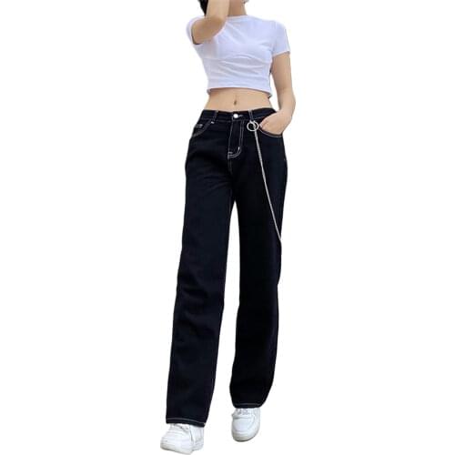 2021 New Style Women Straight Leg Jeans High Waist Loose Fit Solid Color Denim Pants Autumn