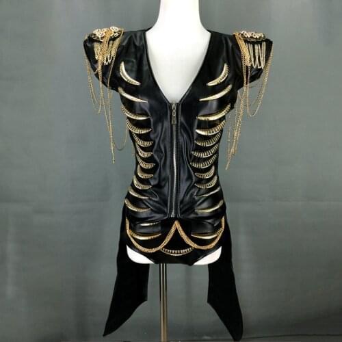 Nightclub Dag Queen Costume Women Metal Chain Black PU Leather Suit Female Club Singer DJ Rave Outfit Burning Man Costume 2440