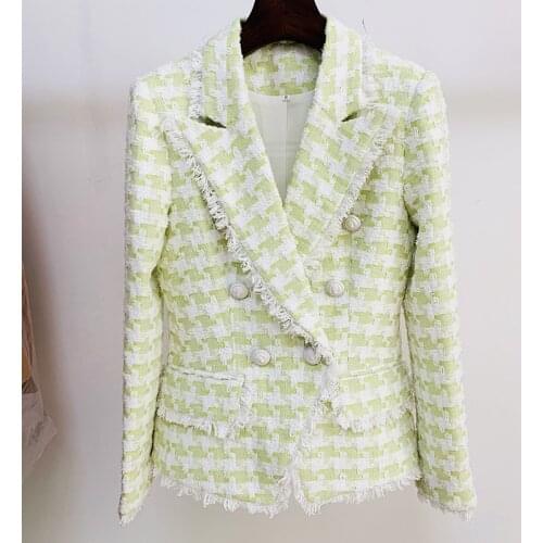 HIGH STREET Newest 2021 Fall Winter Designer Jacket Womens Lion Buttons Tassel Fringed Houndstooth Blends Tweed Blazer Green