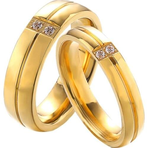 RIR 1Pcs Lover Ring Gold Fashionable Charm With Two Small Crystal Wedding Engagement For Rings Jewelry In Stainless Steel