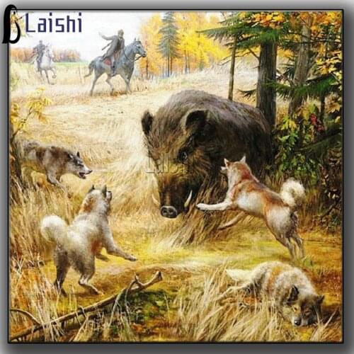 Diy Diamond Painting Cross Stitch Forest landscape Wild Boar And Wolf Square Round Rhinestone Hunt Pictures Embroidery Mosaic