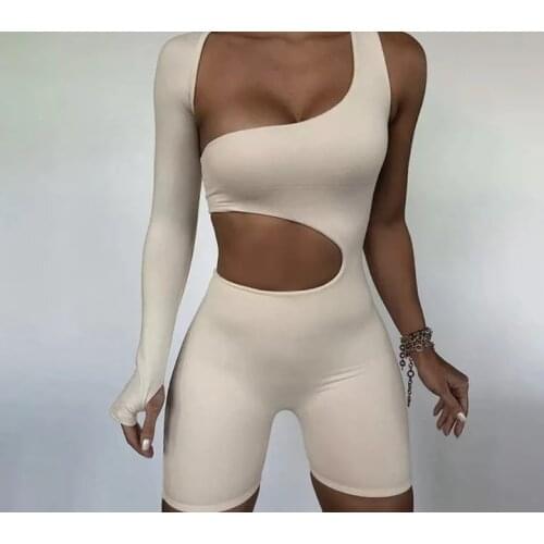 Asymmetrical Solid Women Rompers 2020 Basic Long Sleeve Casual Sportswear Streetwear Female Elastic High Waist Jumpsuits