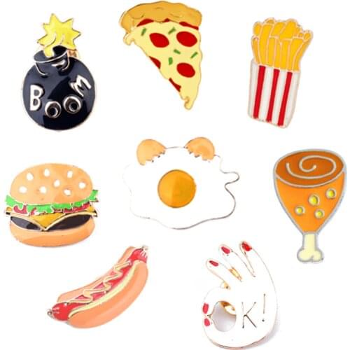 Foods French fries Boom OK Hamburger Chicken Leg Egg Pizza Hot Dog Brooch Pins Clothing Backpack Jacket Pin Badge Jewelry Gifts