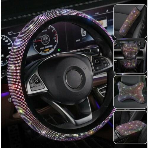 Universal Sparkle Bling Rhinestone Steering Wheel Cover Center Console Cushion Headrest Pillows Car Interior Protection Case Set