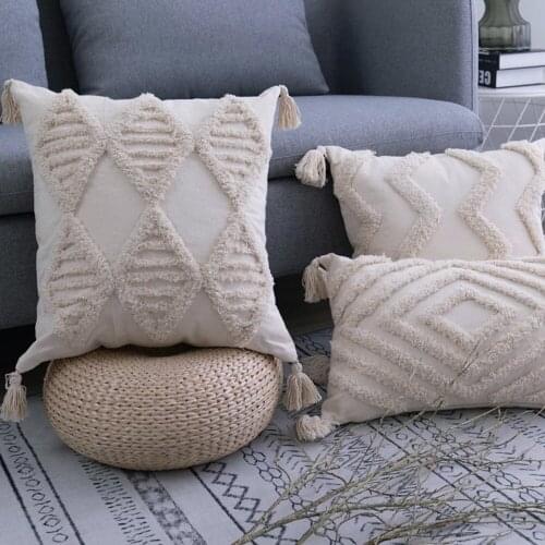 Sofa Living Room Decoration Boho Pillowcase With Tassels Home Decor Handmade Woven Pillowcase Beige Tassels Cushion Cover