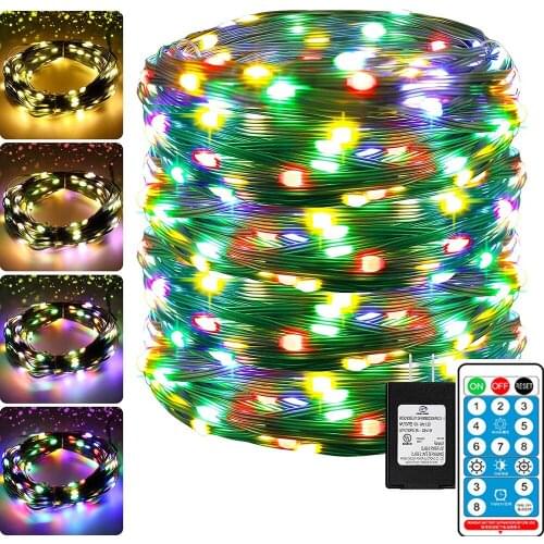 Solar Powered 23M 200LEDs Green Wire String Lights 8 Modes DIY Leather Garland Lights for Outdoor Wedding Garden Xmas Tree Party