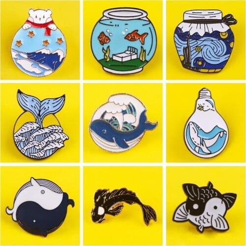 Yin Yang Koi Carp Brooch Pin Collar Lapel Brooch Pin Fish Wave Sea Whale Brooch Enamel Badge On Clothing Jewelry Accessories