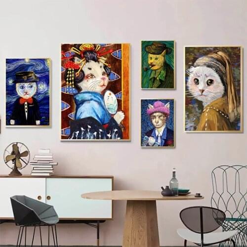 Cartoon Abstract Funny Animal Cat Canvas Painting Wall Art Nordic Posters and Prints Wall Pictures for Living Room Decoration