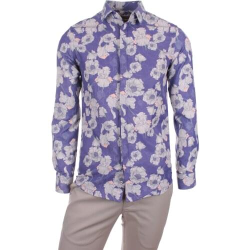 Gentilbay Mens Vintage Flower Printed Purble Slimfit Long-Sleeve Sport Shirt DPD180