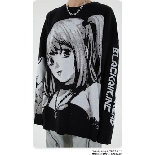 HGTE Mens Hip Hop Streetwear Harajuku Sweater Vintage Retro Japanese Style Anime Girl Knitted Sweater Autumn Cotton Pullover