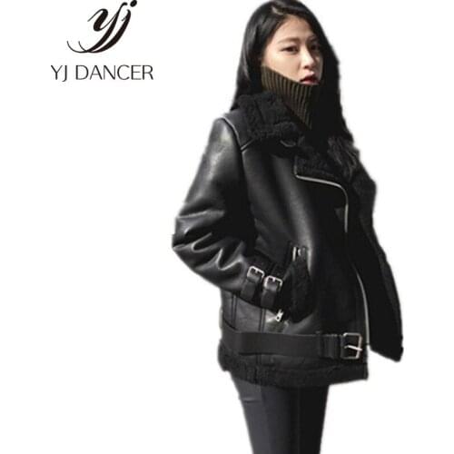 New 2018 Women Lamb fur Bomber Real leather jacket shammy fluff Coat Oversized Moto & Biker Genuine Thick Leather jacket CSS348