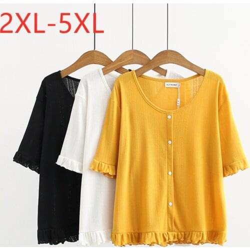 New 2021 Ladies Summer Plus Size Tops For Women Large Short Sleeve Loose Cotton White Yellow Ruffle T-Shirt 2XL 3XL 4XL 5XL