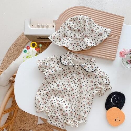 Baby Girls Casual Loose Short Sleeves Rompers Toddler Kids Floral Print Clothes Newborn Jumpsuits Short Sleeve Outfits with Hats
