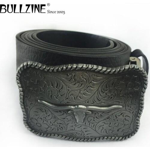 Bullzine zinc alloy retro western bull head belt buckle jeans gift buckle pewter finish free PU belt FP-03661 drop shipping