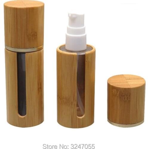 30ML 10pcs/lot Empty DIY Top Grade Cosmetic Lotion Pump Bottle, Bamboo Wooden Glass Emulsion Container, Foundation Storage Box