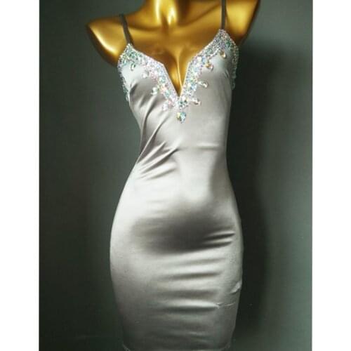 Luxury Rhinestone Dress Elegent Deep-v Party Dress Crystal Diamond Women Dress