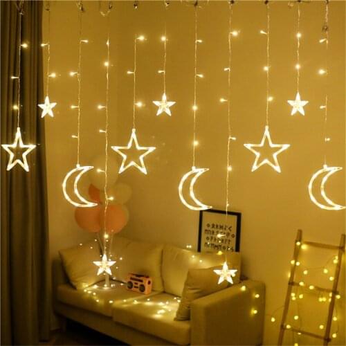 Christmas Lights 220V EU Plug Star Moon Curtain String Lights 8 Modes Fairy lights Garlands for Home Party Wedding Holiday Decor