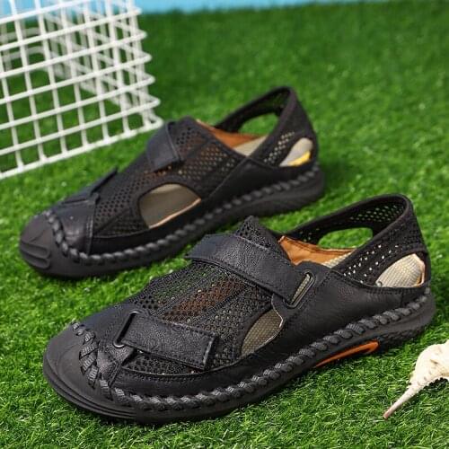 Summer Mesh Men Sandals Breathable Split Leather Business Casual Shoes Outdoor Beach Sandals Fashion Slippers Plus Size