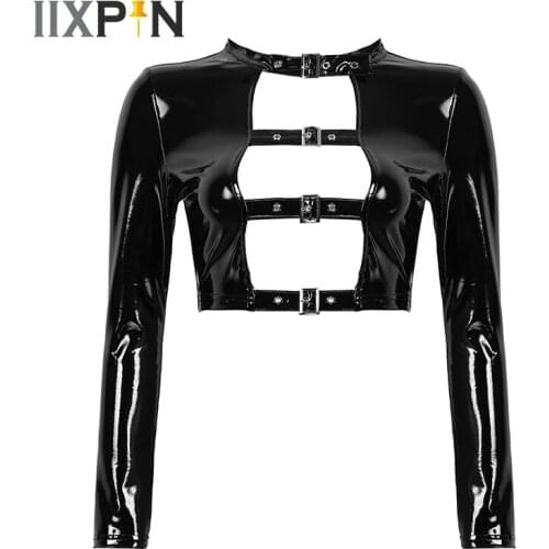 Sexy Crop Tops Women Wet Look Patent Leather Long Sleeves Top Hollow Out Front With Buckles Punk Gothic Crop Top Sexy Clubwear