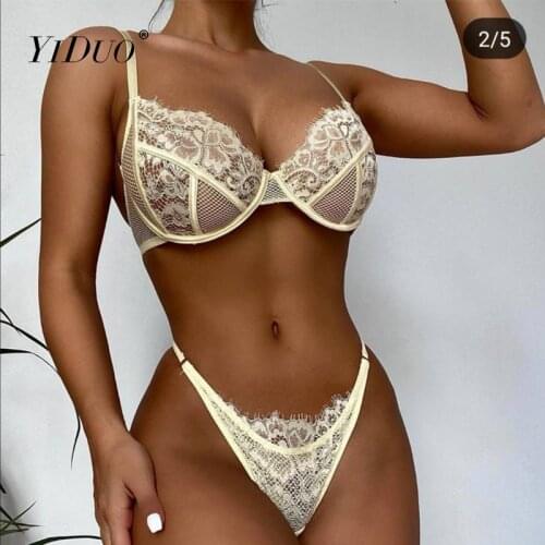YiDuo Yellow Womens Intimates Underwear Sexy Lingerie Bra Set Push Up Underwear Floral Sensual Lace Mesh 2 Piece Brief Sets