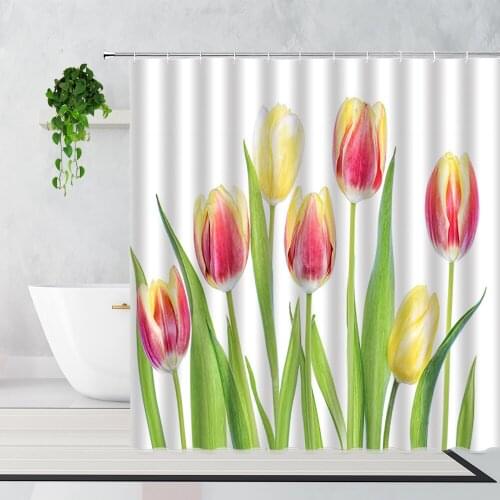 Tulip Shower Curtain Yellow Pink Purple Red Plant Flower Family Bathroom Curtains Machine Washable Waterproof With Hooks Screen