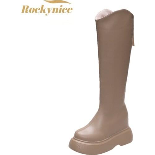 Hot 2021 Autumn Knee High Boots Women Fashion Chunky Heel Leather Long Boots Woman High Heels Shoes Winter 10cm Platform Booties