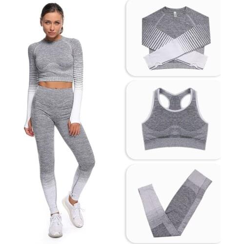 3 PCS Womens Yoga Suit Gym Training Crop Top Bra High Waist Leggings Sportswear Family Yoga Outdoor Running Long Sleeve Suit