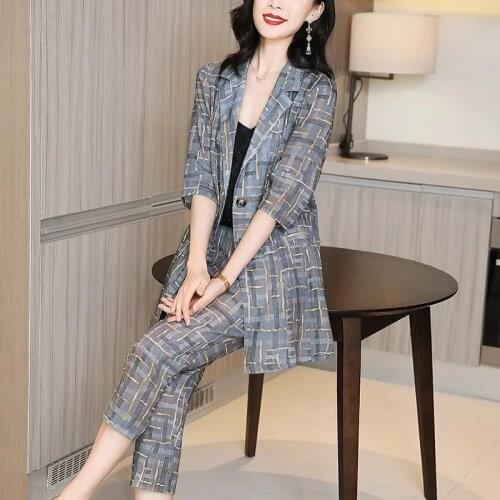 Vintage Plaid Print Blazer Women Suit Summer Thin Mid-Length Suit Jacket + Pants 2 Piece Set Office Ladies Elegant Work Wear