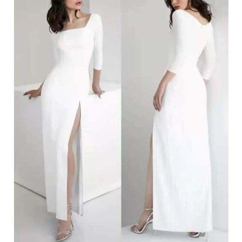 Vintage A-Line Long Sleeve Square Collar Prom Dresses with Slit Zipper Back Robe De Soiree Ankle Length Satin Formal Party Gowns