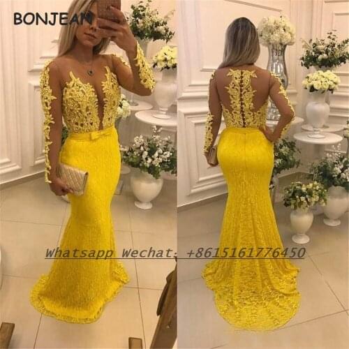 Yellow Evening Dress Long Sleeves 2021 Mermaid Lace Neck V Neck Satin Formal Evening Gown for Women