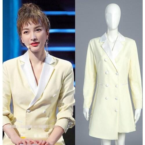 Office Lady Blazer Dress 2019 Fall Elegant Women Double Breasted Notched Collar Irregular Long Sleeve Dress Yellow Vestidos