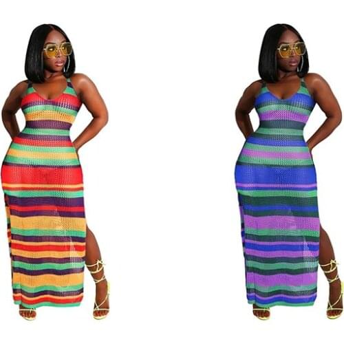 Sexy Sleeveless High Slit Maxi Dresses for Women Summer Rainbow Stripe Hollow Out Knitted Crochet Beach Dress