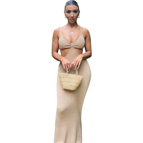 2021 Summer Women Sexy Hollow Out Solid Color Basic Sling Maxi Dress New Fashion Ladies Party Vacation Beach Bodycon Dresses D30