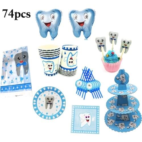 74pcs Teeth Party Hats Cake Stand Balloons Napkins Plates Cups Straws Birthday Party Decorations Baby Shower Party Supplies