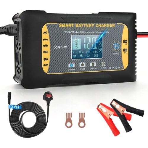 HTRC Car Battery Charger 12V/24V 10A 7-Stage Automatic Charging For Lithium LiFePO4 AGM GEL Lead-Acid Battery Repair Charger