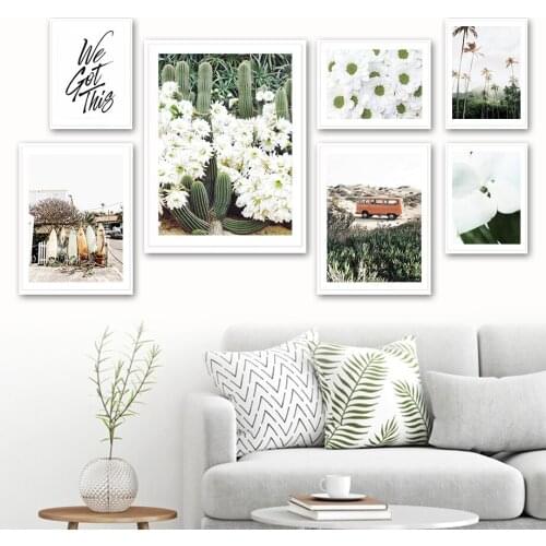 White Daisy Flower Cactus Palm Surfboard Wall Art Canvas Painting Nordic Posters And Prints Wall Pictures For Living Room Decor