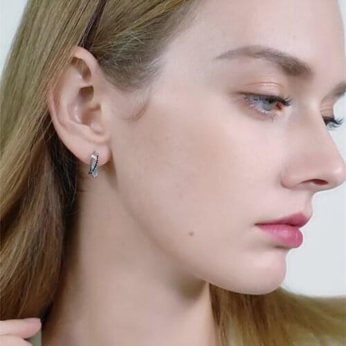 [BLACK AWN] Cute 925 Sterling Silver Jewelry Hoop Earrings for Women Black Spinel Boucles D'oreilles I023