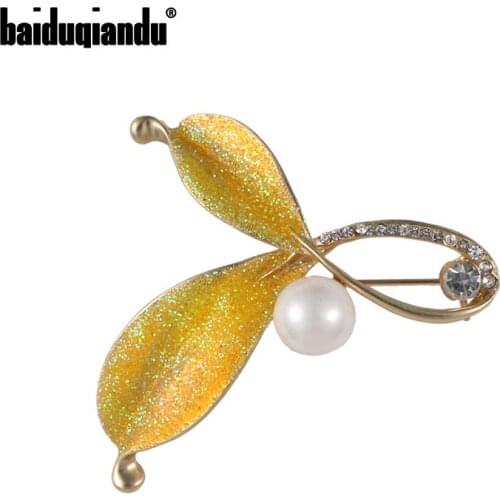 Baiduqiandu Trendy Enamel Brooch Pearl Leaf Brooch Pin Plant Costume Wedding Bridal Jewelry Brooch For Women Party Gift