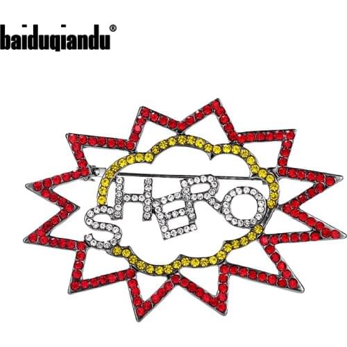 Baiduqiandu Brand Symbol SHERO Brooches with Red and Yellow Rhinestones Dress Bags Hats Accesseries Jewelry