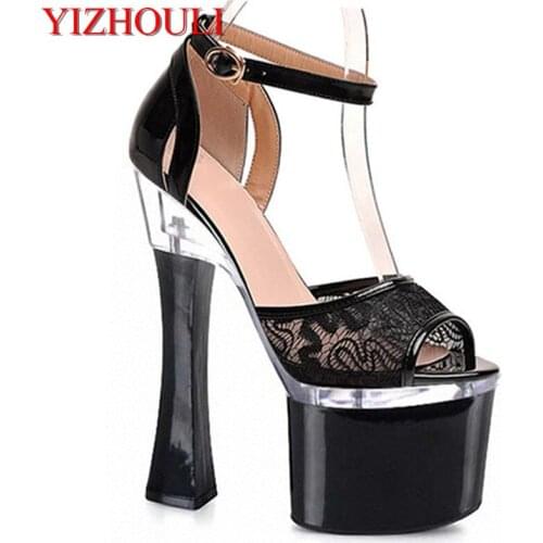 Black party dresses hollow-out serging 18 cm super high heels Roman sandals style model with catwalk shoes